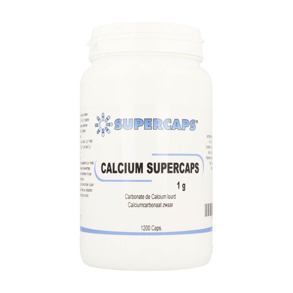 Flacon blanc avec "Supercaps Calcium Supercaps 1 g". Texte en allemand, français et néerlandais. 1200 gélules.