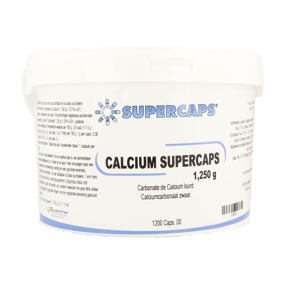 Seau blanc avec couvercle. Inscription : SUPERCAPS, CALCIUM SUPERCAPS 1,250 g. Texte en français et néerlandais.