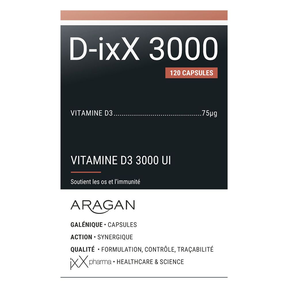 Emballage D-ixX 3000. Emballage noir avec texte blanc. 120 gélules. Vitamine D3.