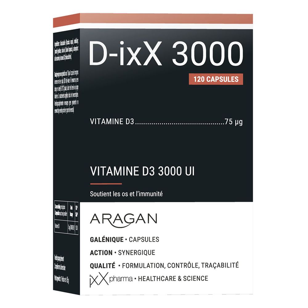 Emballage D-ixX 3000. Emballage noir avec texte blanc. 120 gélules. Vitamine D3.