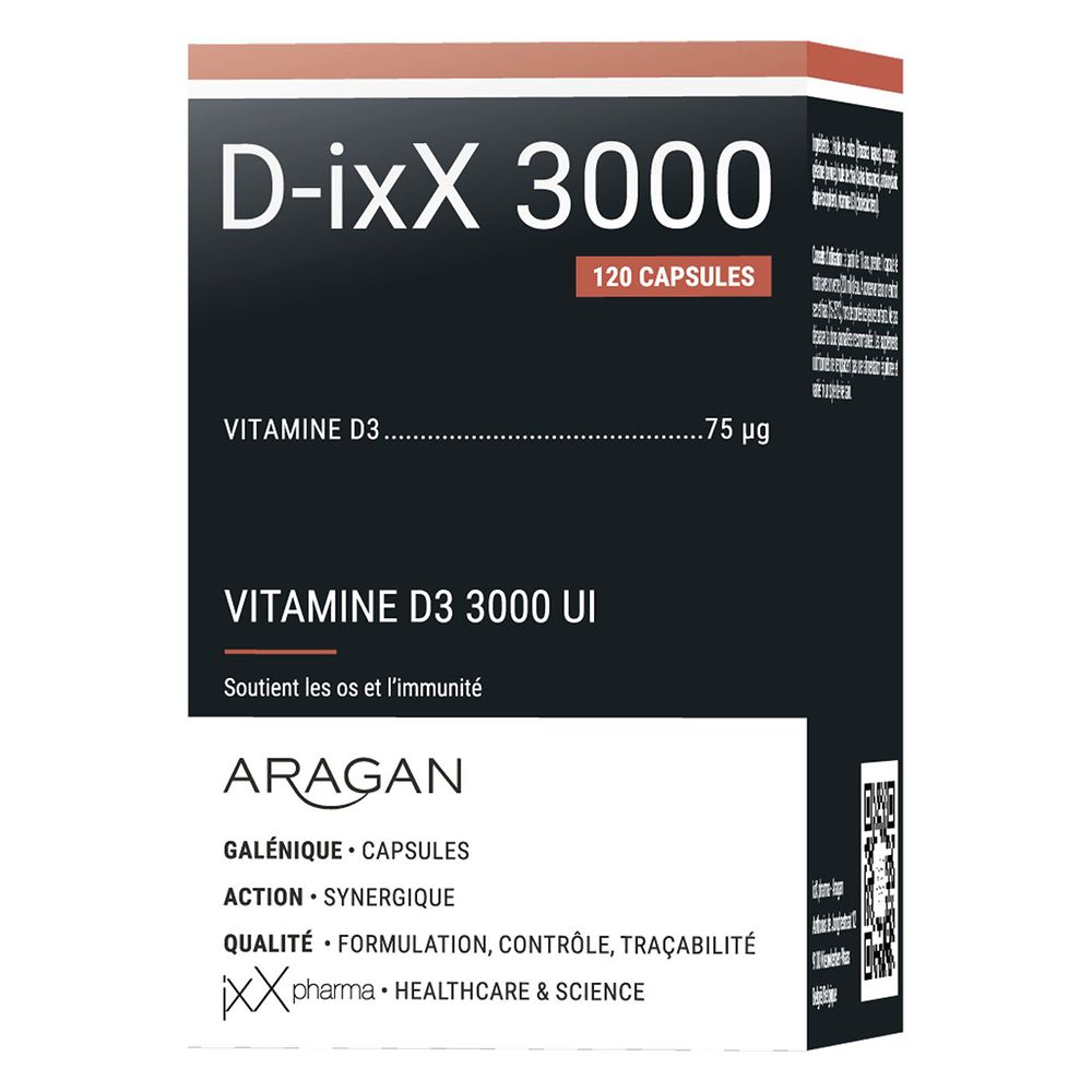 Emballage D-ixX 3000. Emballage noir avec texte blanc. 120 gélules. Vitamine D3.