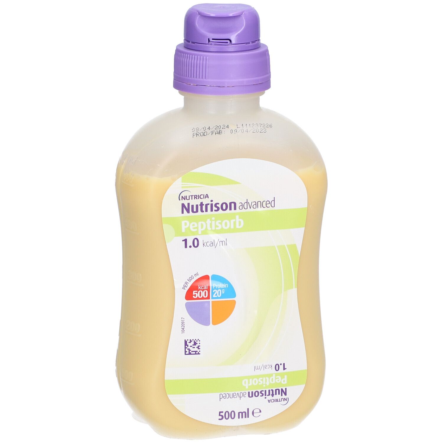 Bouteille Nutrison advanced Peptisorb. Contenance : 500 ml. Bouchon violet. Inscription : 1.0 kcal/ml.