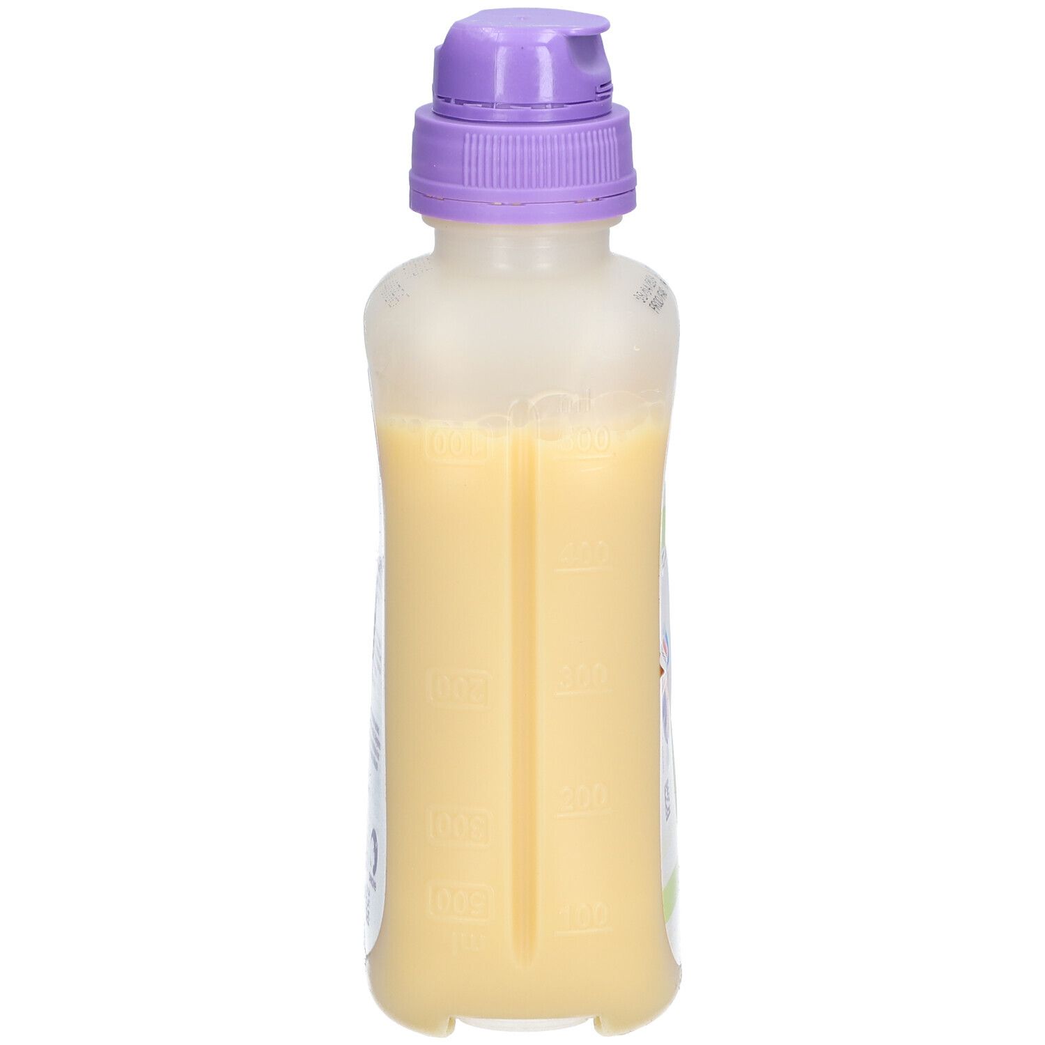 Bouteille Nutrison advanced Peptisorb. Contenance : 500 ml. Bouchon violet. Échelle graduée sur le côté.