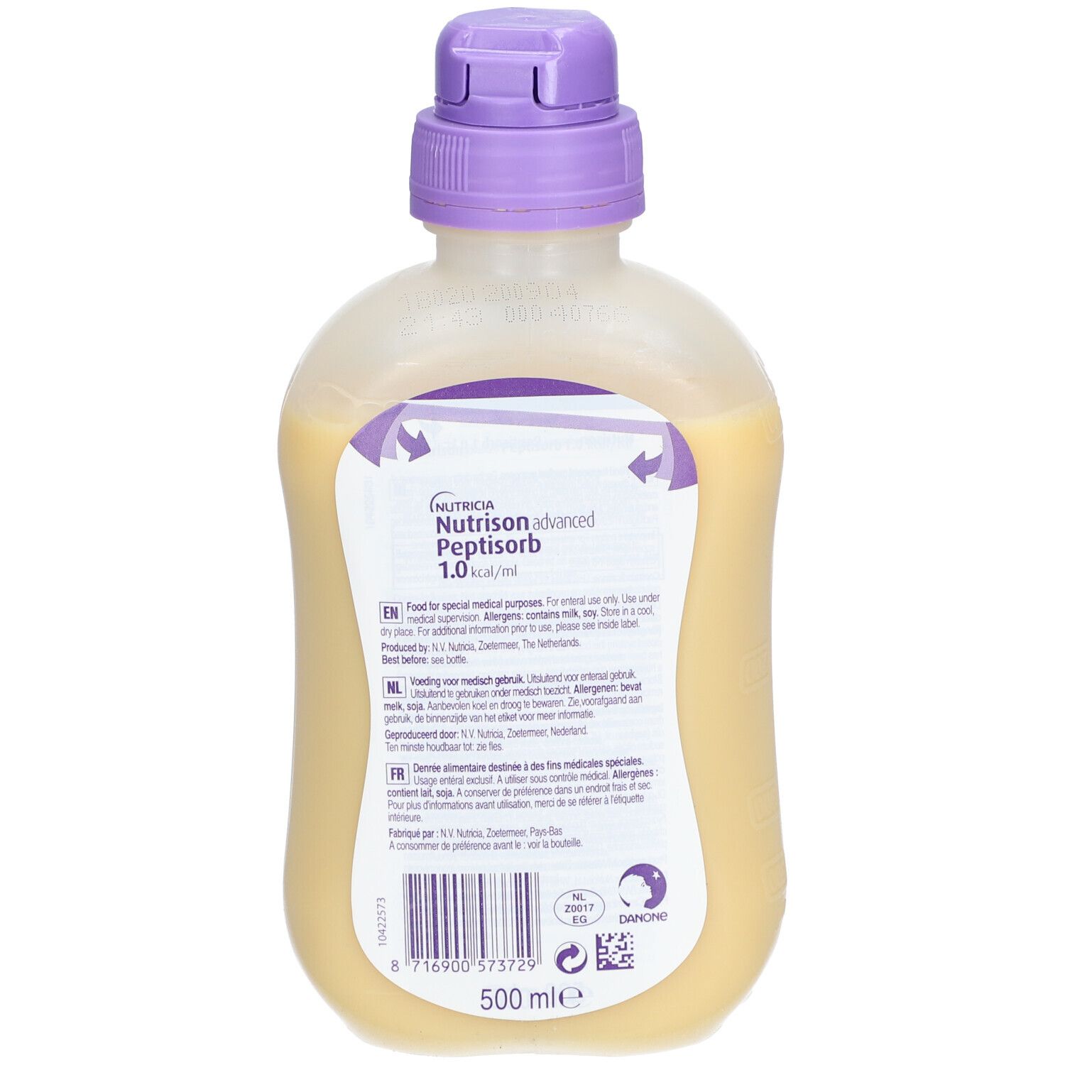 Bouteille Nutrison advanced Peptisorb. Contenance : 500 ml. Bouchon violet. Dos avec texte et code QR.