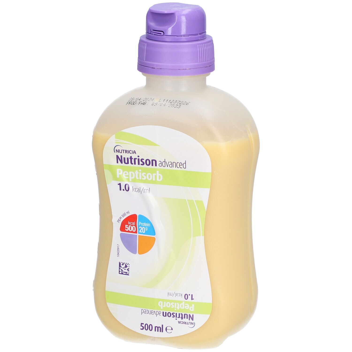 Bouteille Nutrison advanced Peptisorb. Contenance : 500 ml. Bouchon violet. Inscription : 1.0 kcal/ml.
