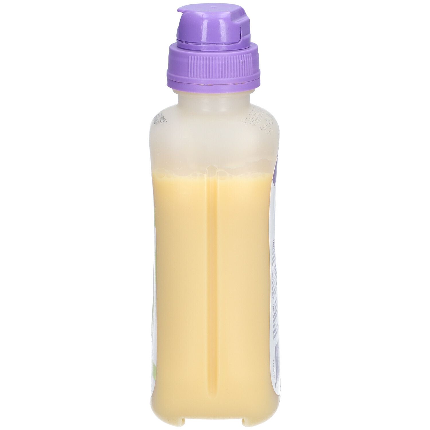 Bouteille Nutrison advanced Peptisorb. Contenance : 500 ml. Bouchon violet. Échelle graduée sur le côté.