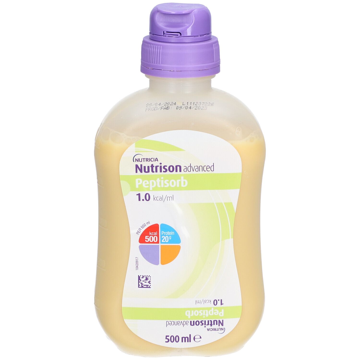 Bouteille Nutrison advanced Peptisorb. Contenance : 500 ml. Bouchon violet. Inscription : 1.0 kcal/ml.