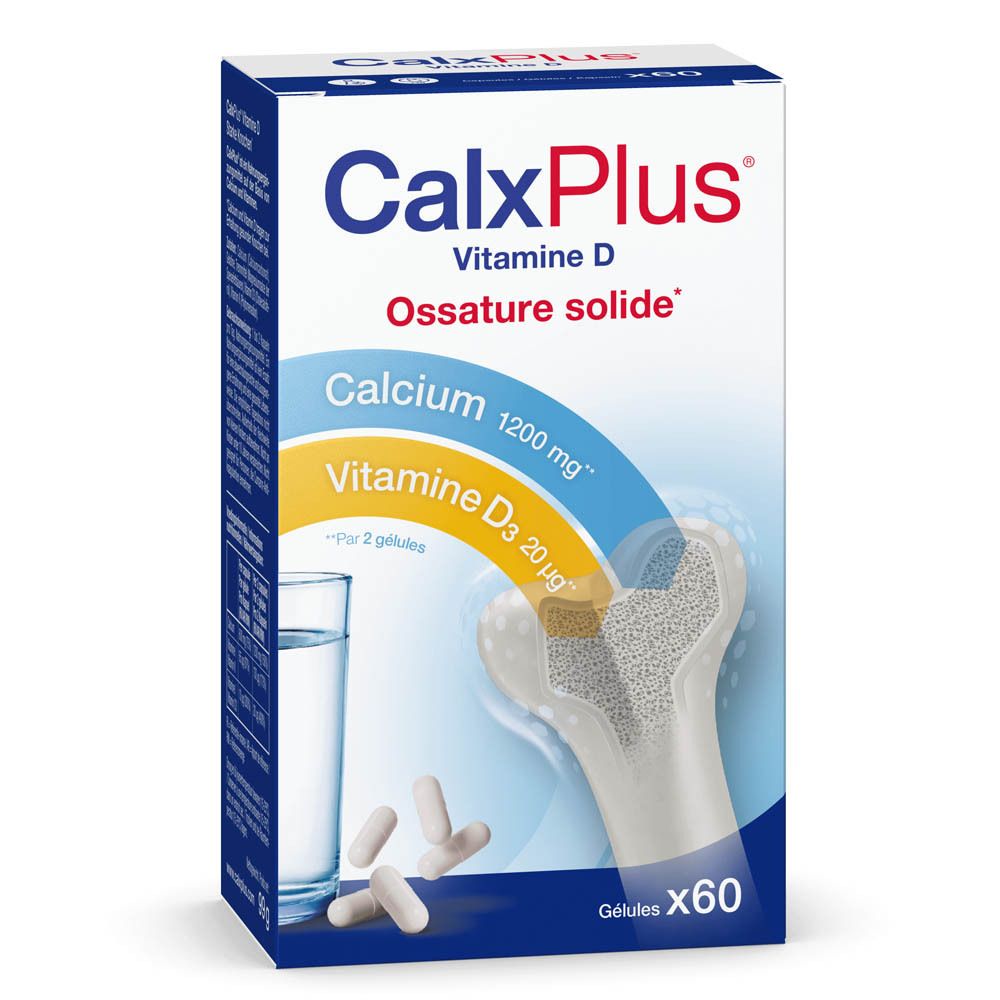 Emballage CalxPlus Vitamine D. Montre un modèle d'os, des gélules et un verre d'eau. Contient du calcium et de la vitamine D3.