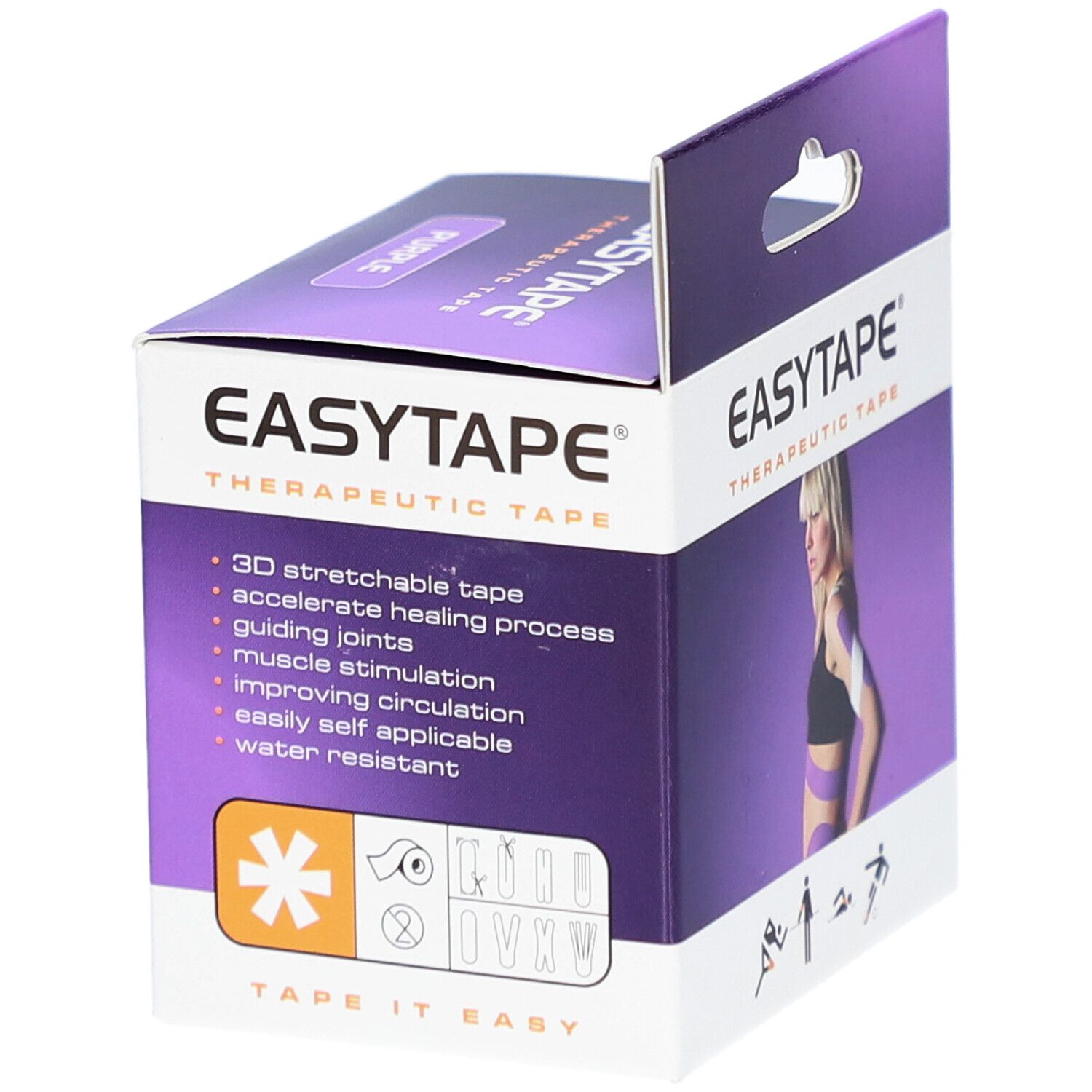 Boîte de Easytape® Therapeutic Tape. Violet. Logo, adresse, marquage CE. Femme avec tape. Tape 3D. Tape it easy.