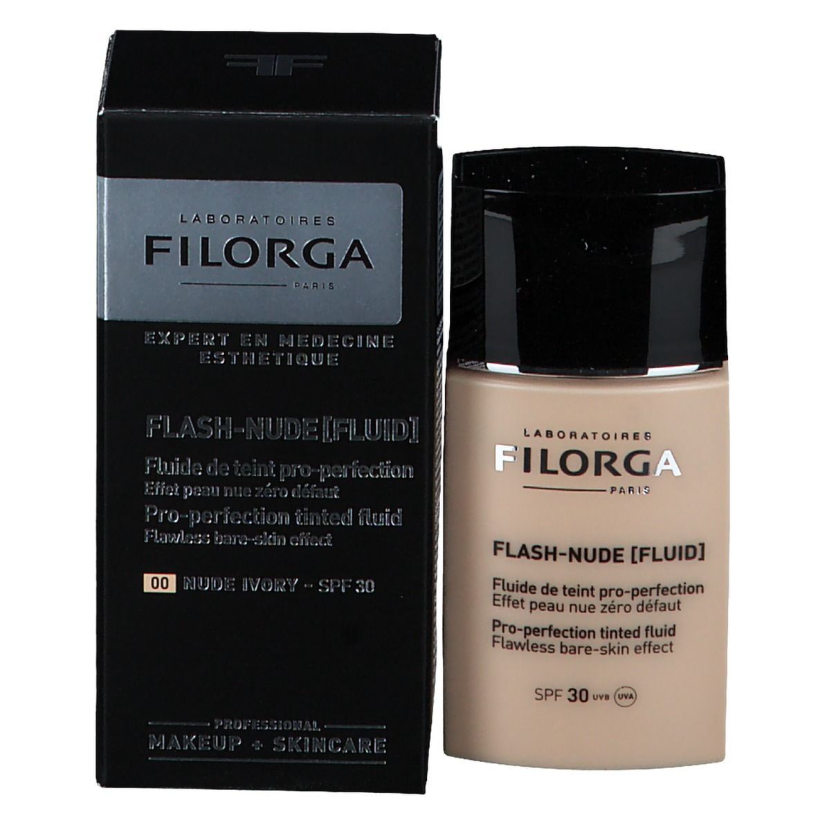 Emballage produit avec flacon. Boîte noire avec flacon. Inscriptions: FILORGA, Flash-Nude [Fluid], SPF 30.