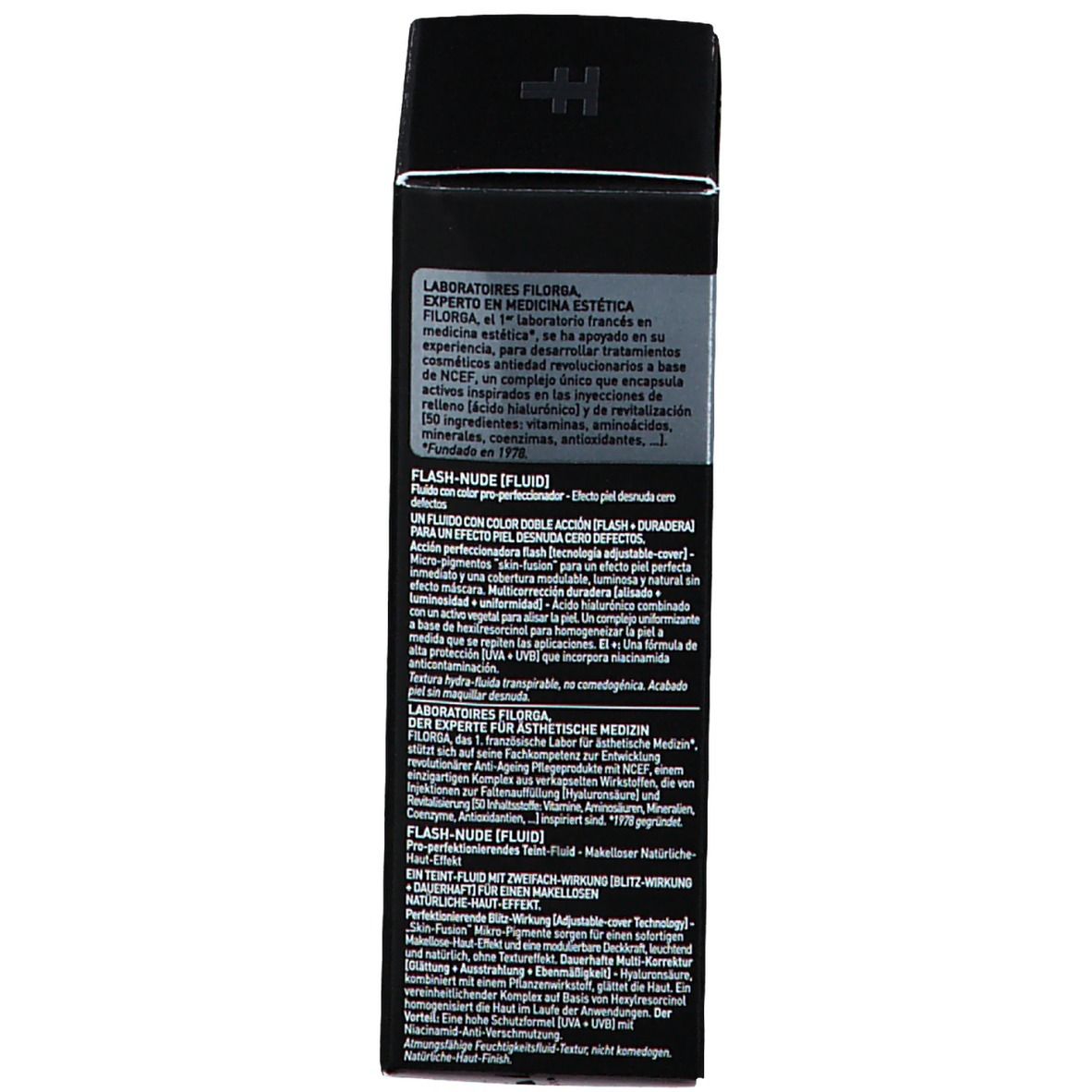 Emballage produit noir. Inscriptions: FILORGA, Flash-Nude [Fluid]. Informations produit multilingues.