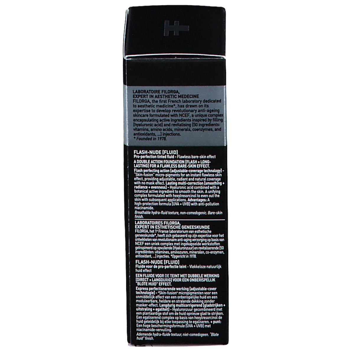 Emballage produit noir. Inscriptions: FILORGA, Flash-Nude [Fluid]. Informations produit multilingues.