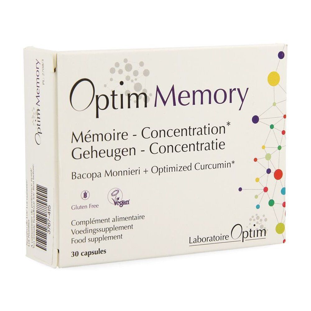 Boîte de Optim Memory. Inscriptions : Mémoire - Concentration, Geheugen - Concentratie. Contient 30 capsules. Sans gluten et vegan.