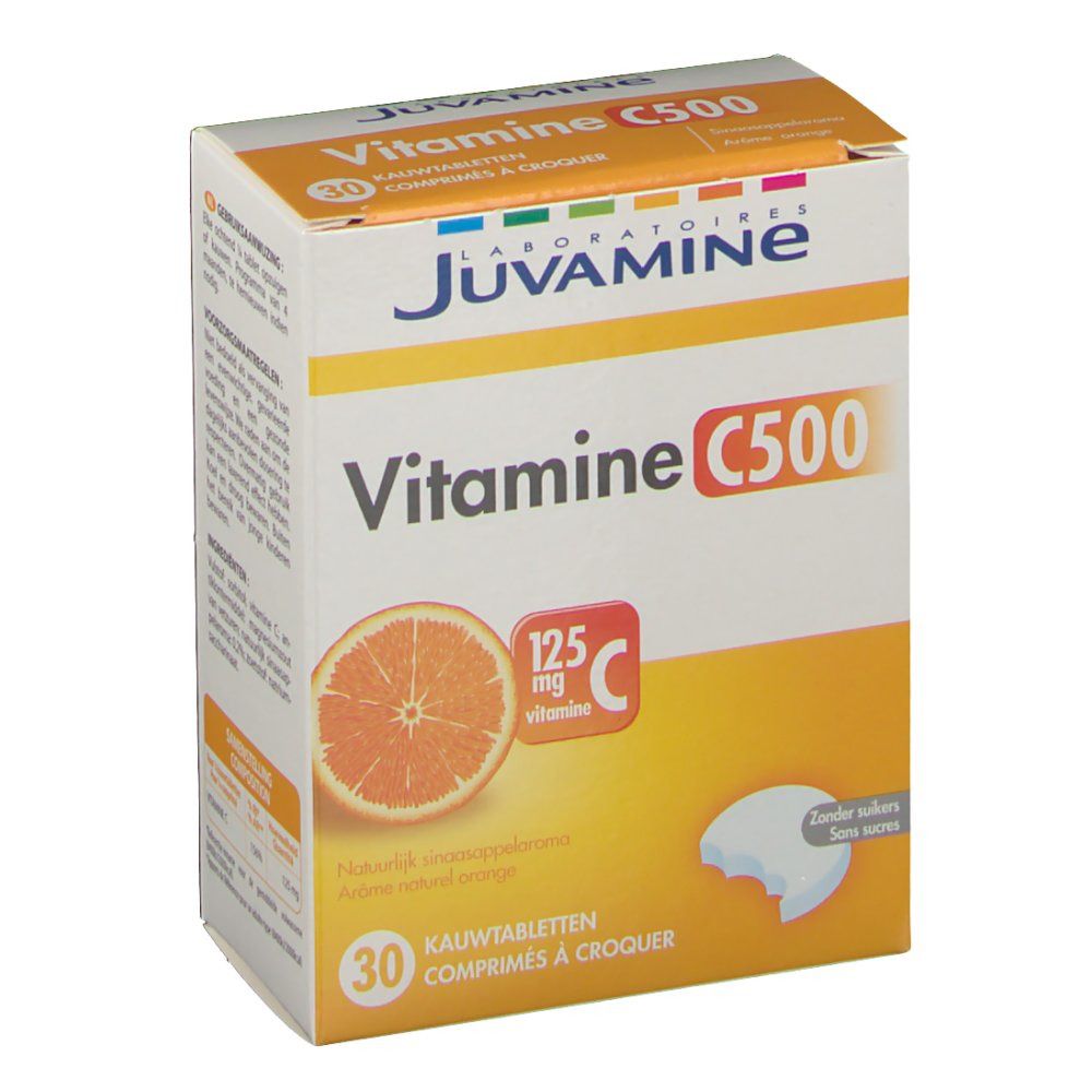 Boîte de JUVAMINE Vitamine C 500 comprimés à croquer. Face avant avec nom du produit, image d'orange et indication de vitamine C. 30 comprimés.