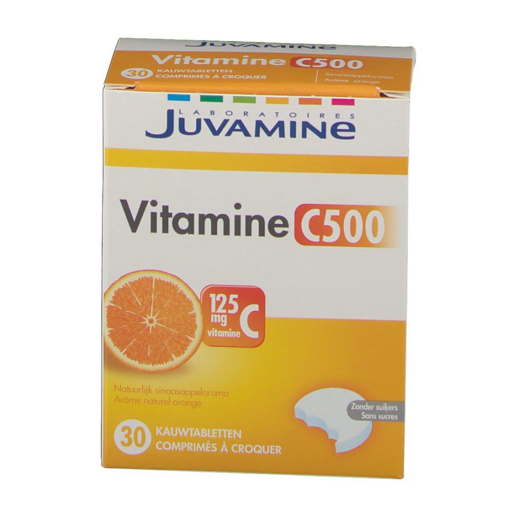 Vue de face de la boîte JUVAMINE Vitamine C 500 comprimés à croquer. Nom du produit, image d'orange et indication de vitamine C. 30 comprimés.