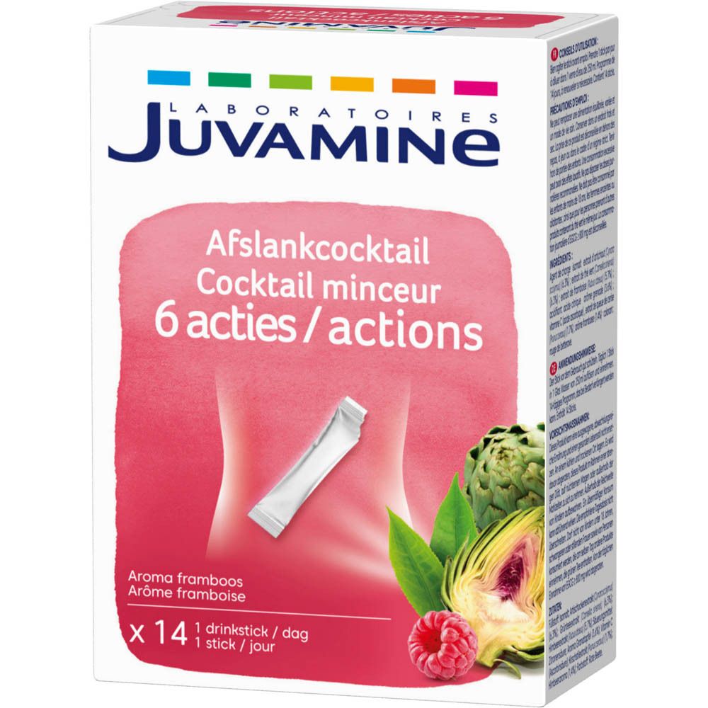Emballage du produit. Inscription: Juvamine, Afslankcocktail, 6 acties/actions. Face avant avec illustration du produit et ingrédients.
