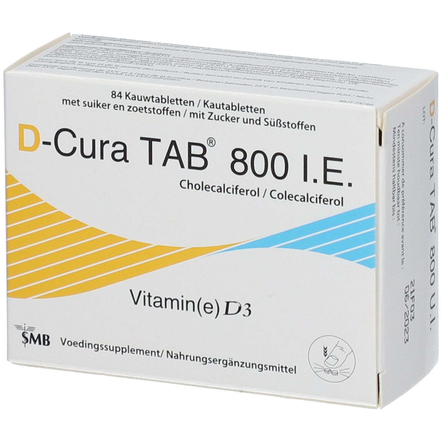 Boîte blanche D-Cura TAB 800 I.E. Contient 84 comprimés à croquer. Inscription: Vitamine(e) D3. Éléments décoratifs jaunes et bleus.