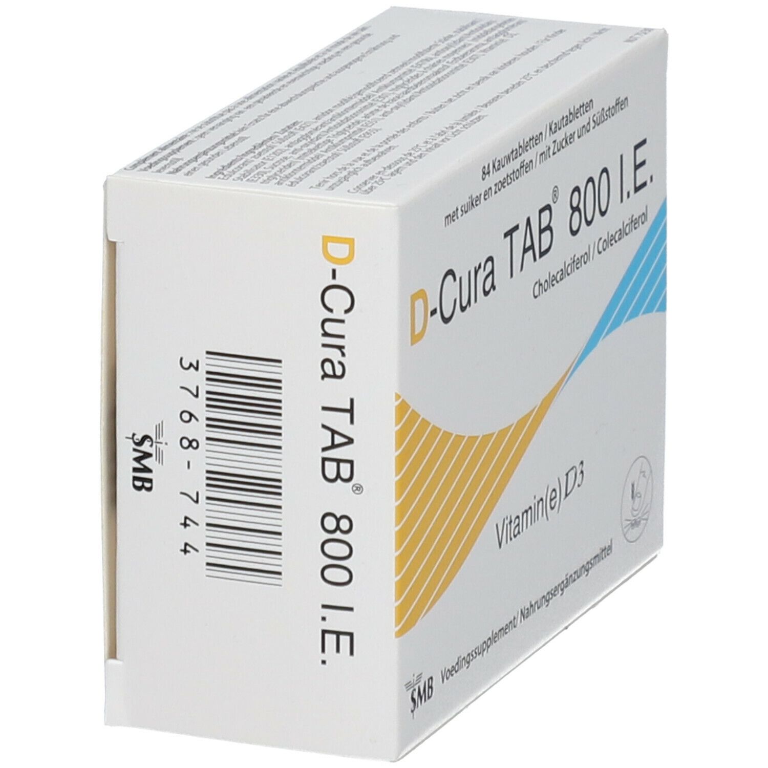 Boîte blanche, inscription D-Cura TAB 800 I.E. Code-barres et logo SMB. Contient 84 comprimés. Inscription: Vitamine(e) D3. Éléments décoratifs.