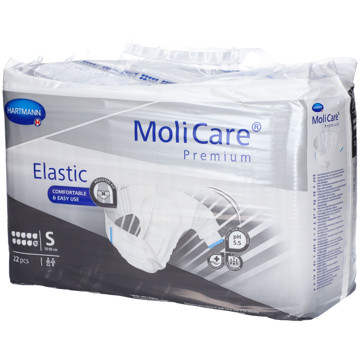 Paquet de MoliCare® Premium Elastic, taille S. Contient 22 pièces. Marque et nom du produit visibles.