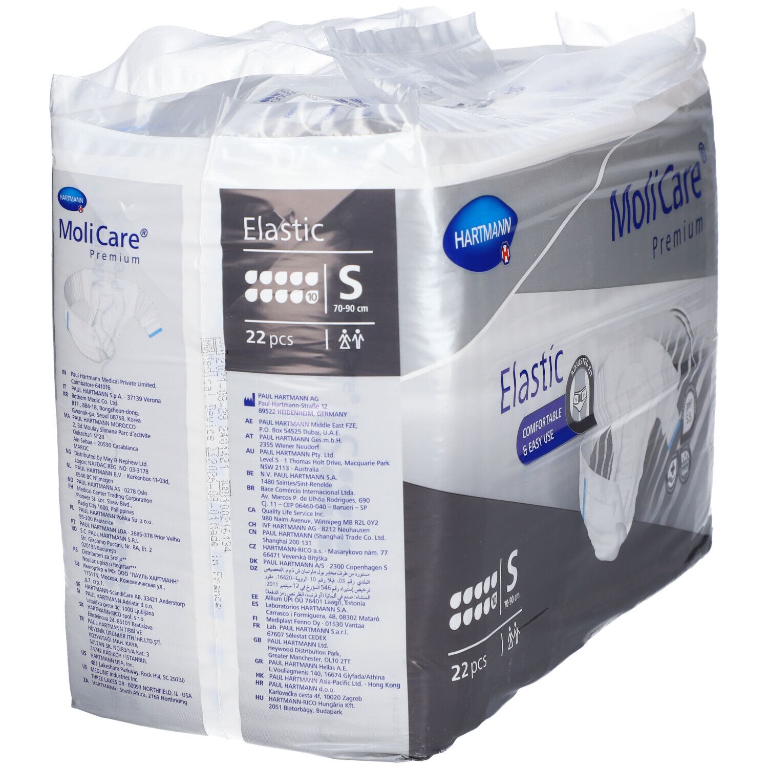 Paquet de MoliCare® Premium Elastic, taille S. Contient 22 pièces. Informations produit au dos.