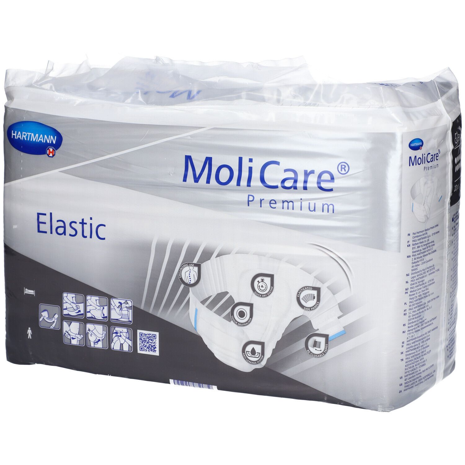 Paquet de MoliCare® Premium Elastic, taille S. Contient 22 pièces. Produit à l'intérieur visible.