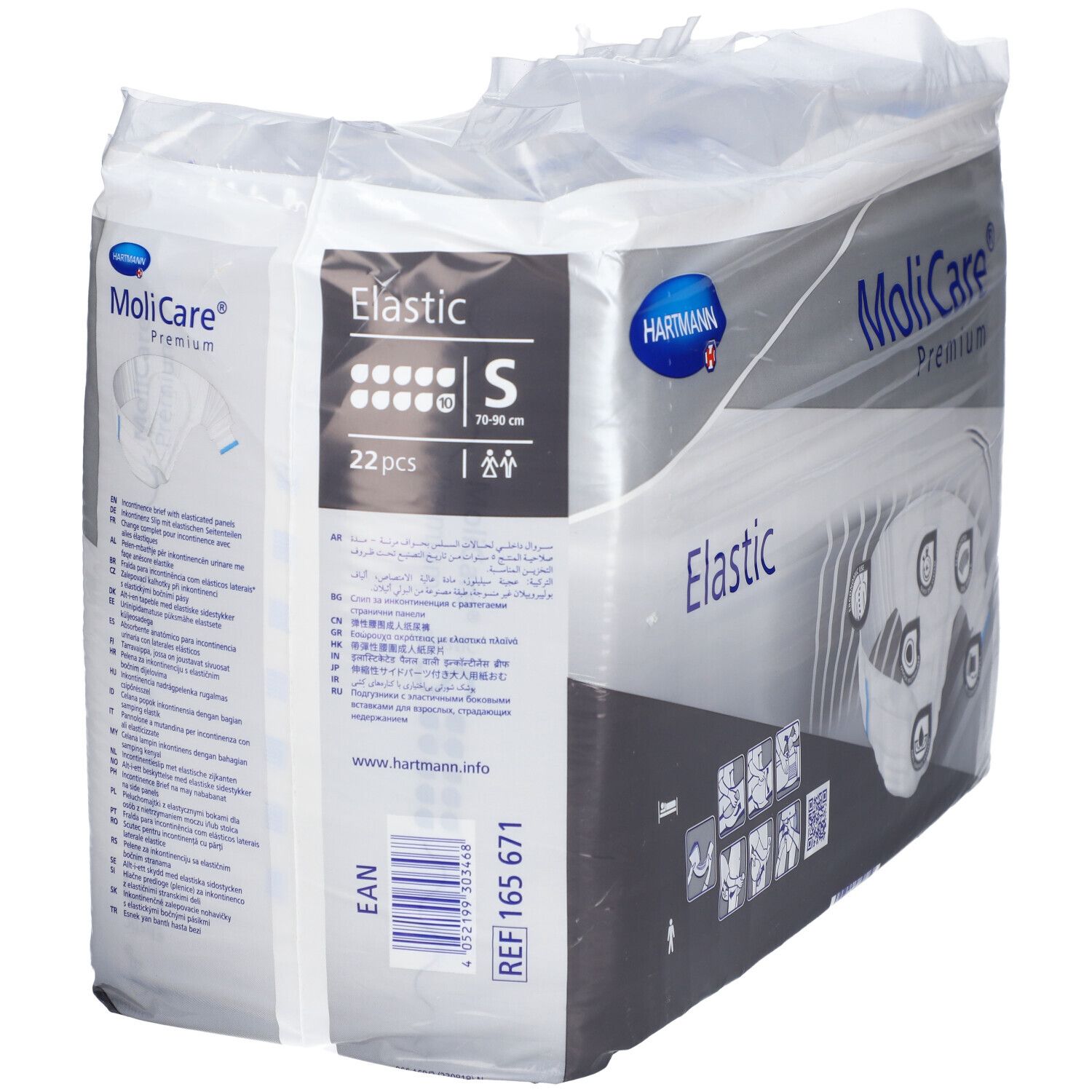 Paquet de MoliCare® Premium Elastic, taille S. Contient 22 pièces. Informations produit au dos.