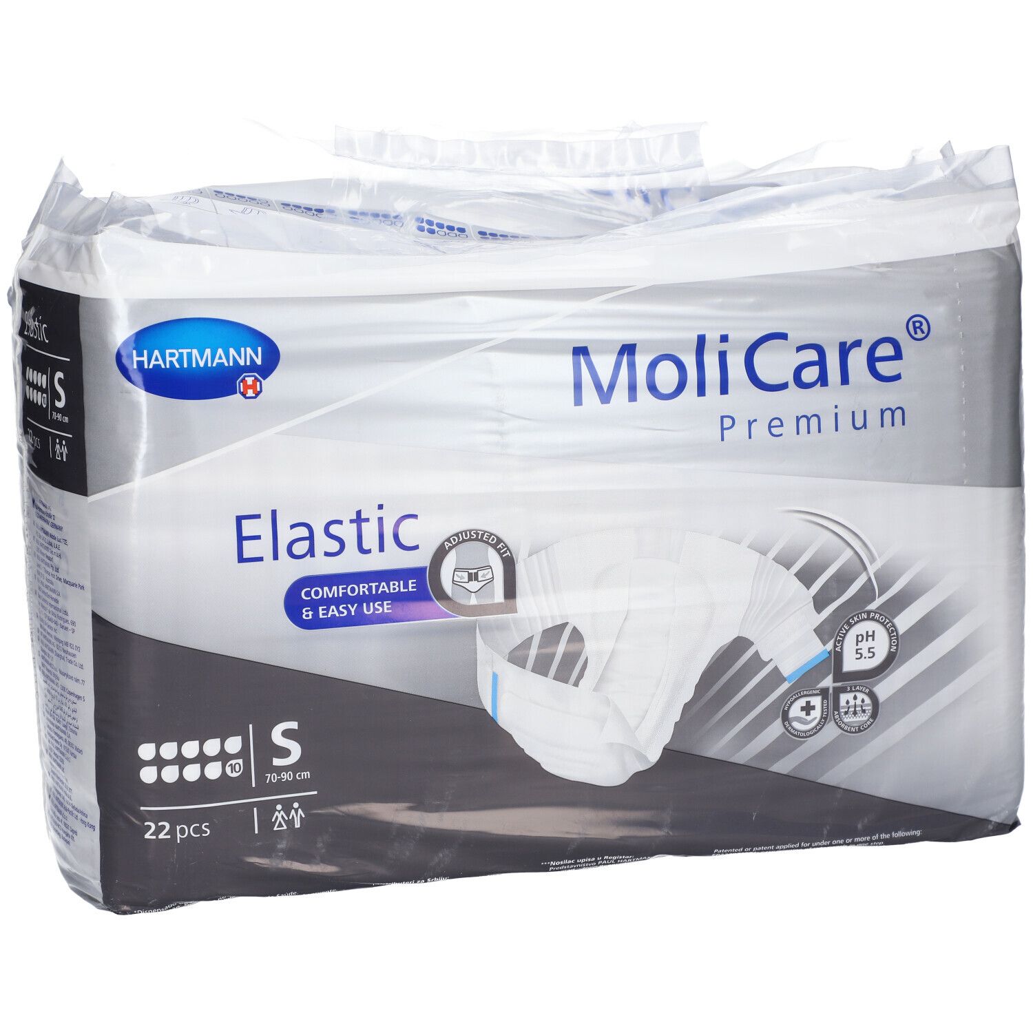 Paquet de MoliCare® Premium Elastic, taille S. Contient 22 pièces. Marque et nom du produit visibles.