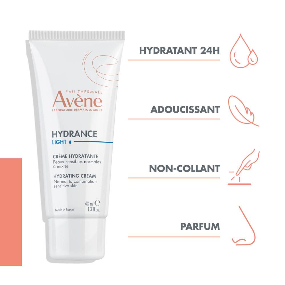 Tube blanc avec texte. Contient une émulsion hydratante. Marque: Avène. Pour peaux normales à mixtes.