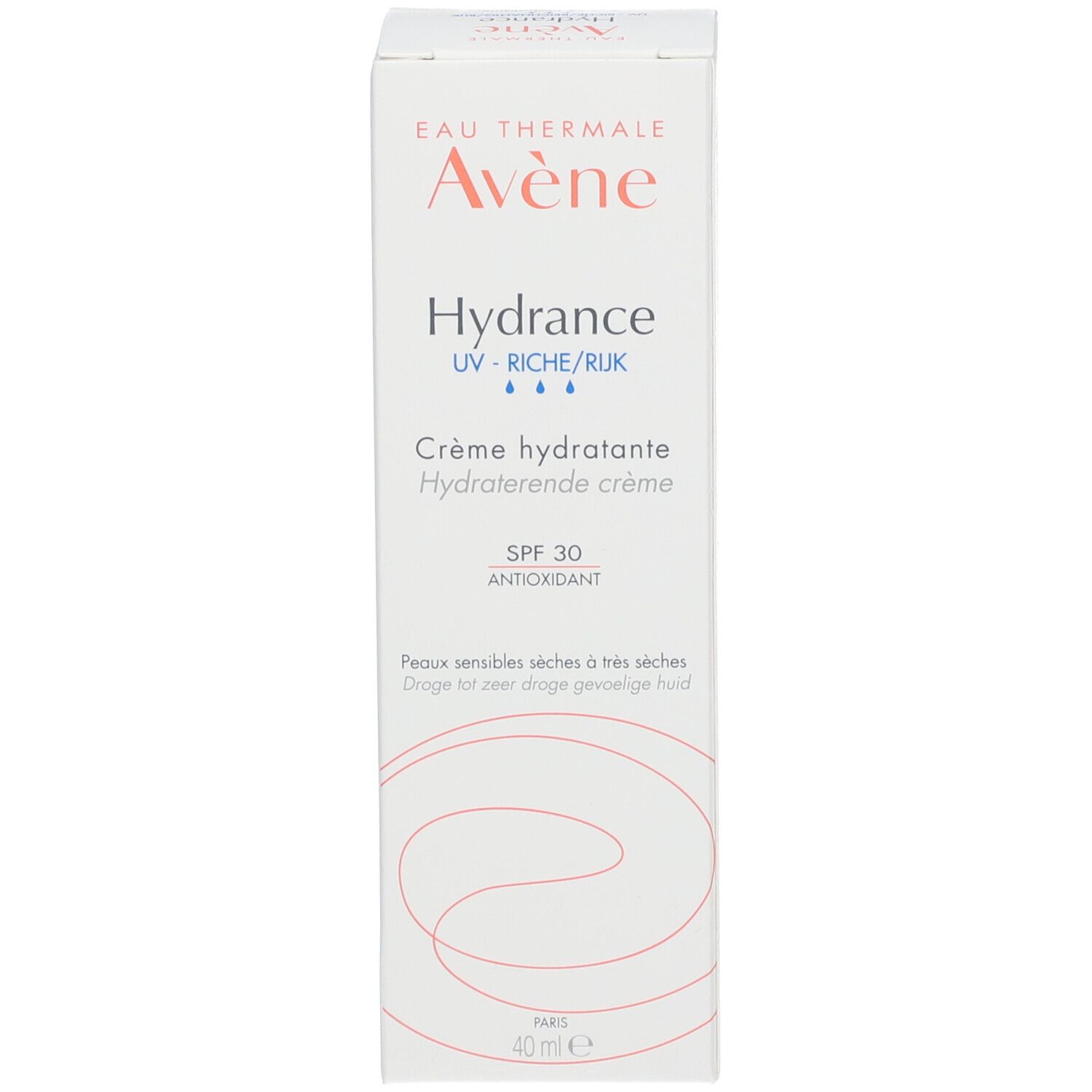 Emballage blanc Avène Hydrance. Inscription: Hydrance, SPF 30, Anti-Oxydant. 40 ml. Pour peaux sèches.