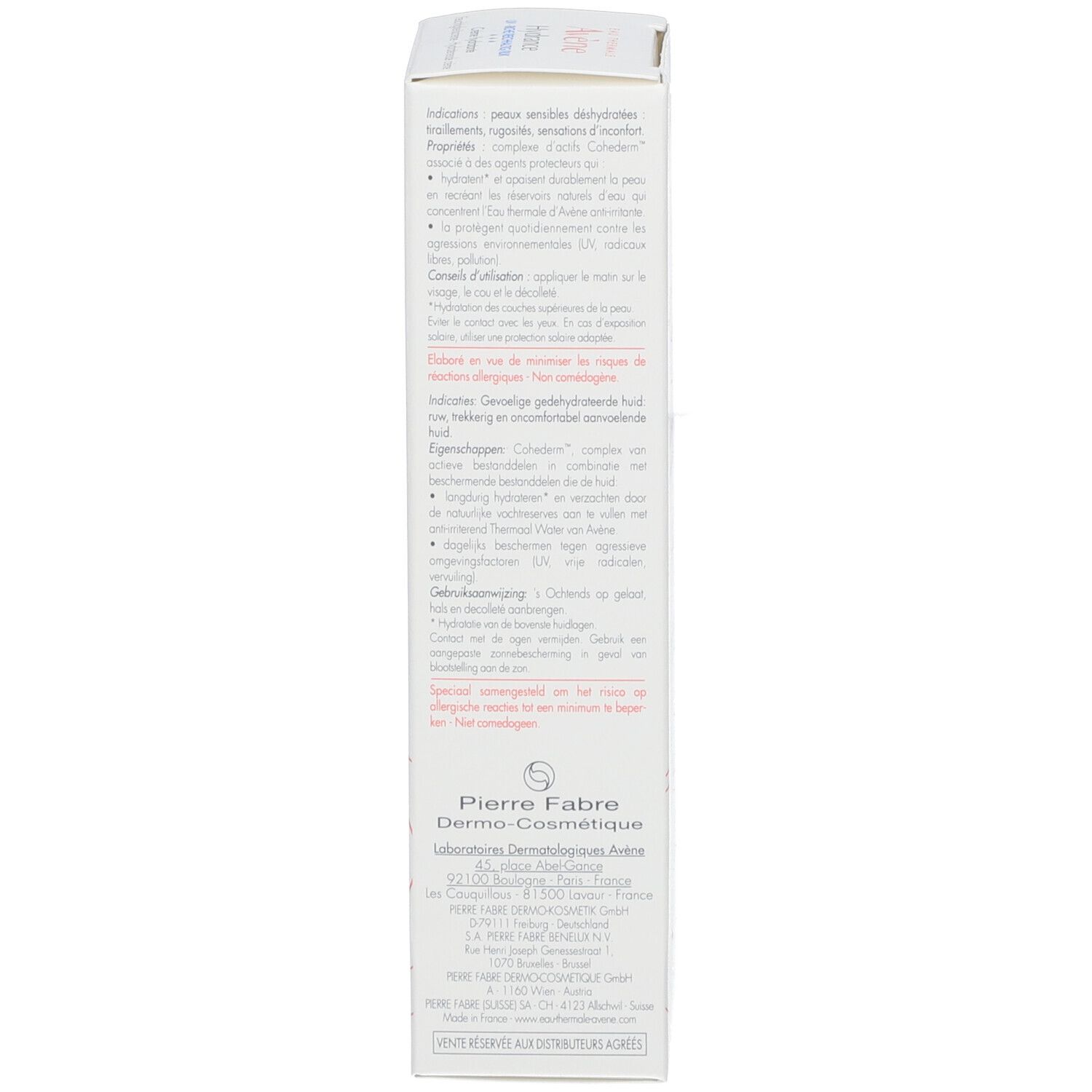 Emballage Avène Hydrance. Texte multilingue. Informations et instructions.