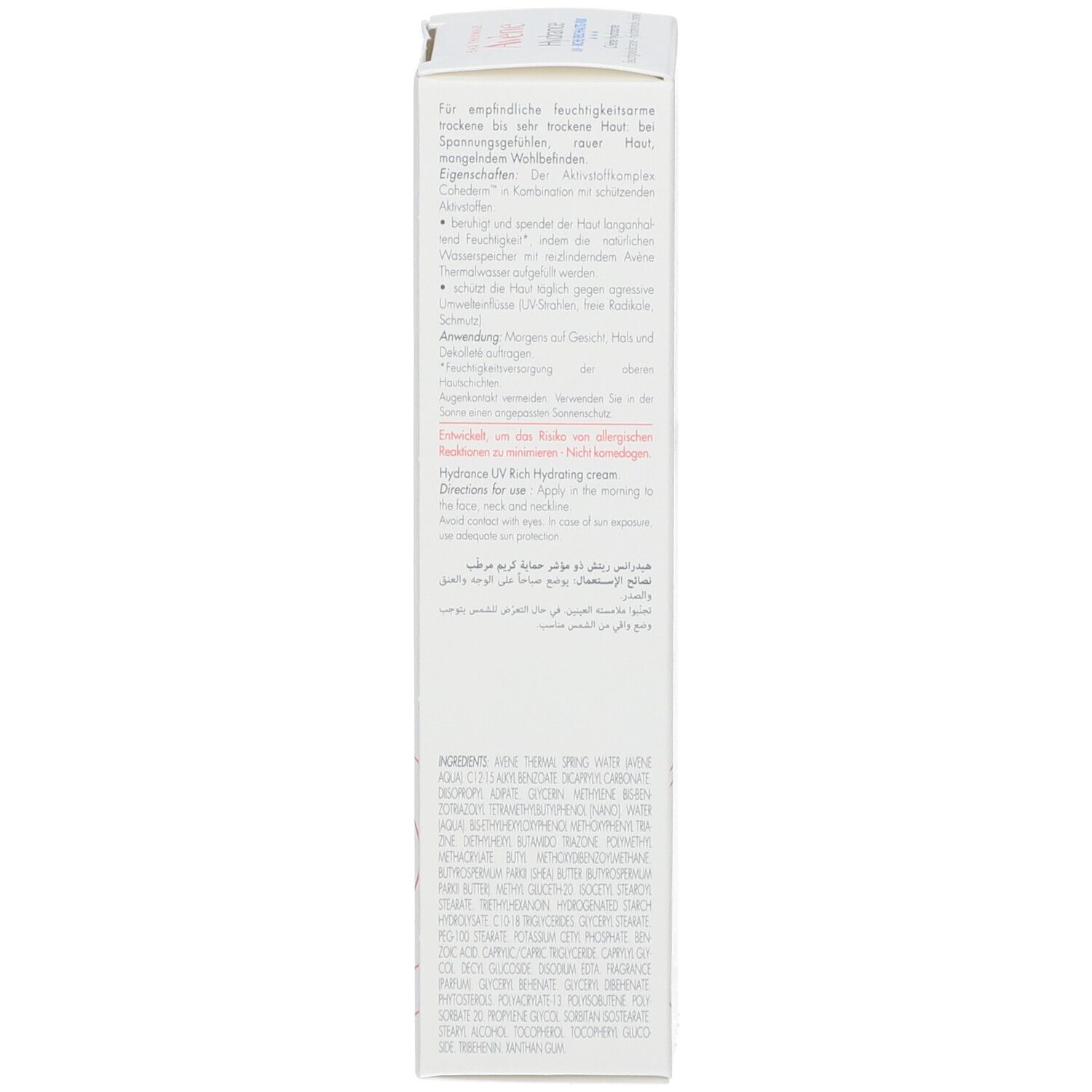 Emballage Avène Hydrance. Texte multilingue. Ingrédients et instructions d'utilisation.