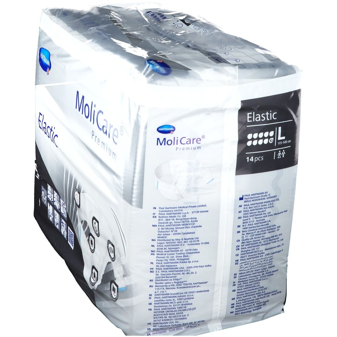 Emballage MoliCare Premium Elastic. Marque Hartmann. Taille L. 14 pièces. Emballé dans du plastique.