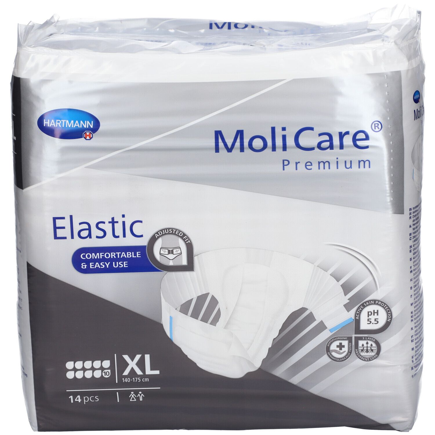 Paquet de MoliCare® Premium Elastic XL, 14 pièces. Emballage avec illustration du produit. Marque et nom du produit visibles.