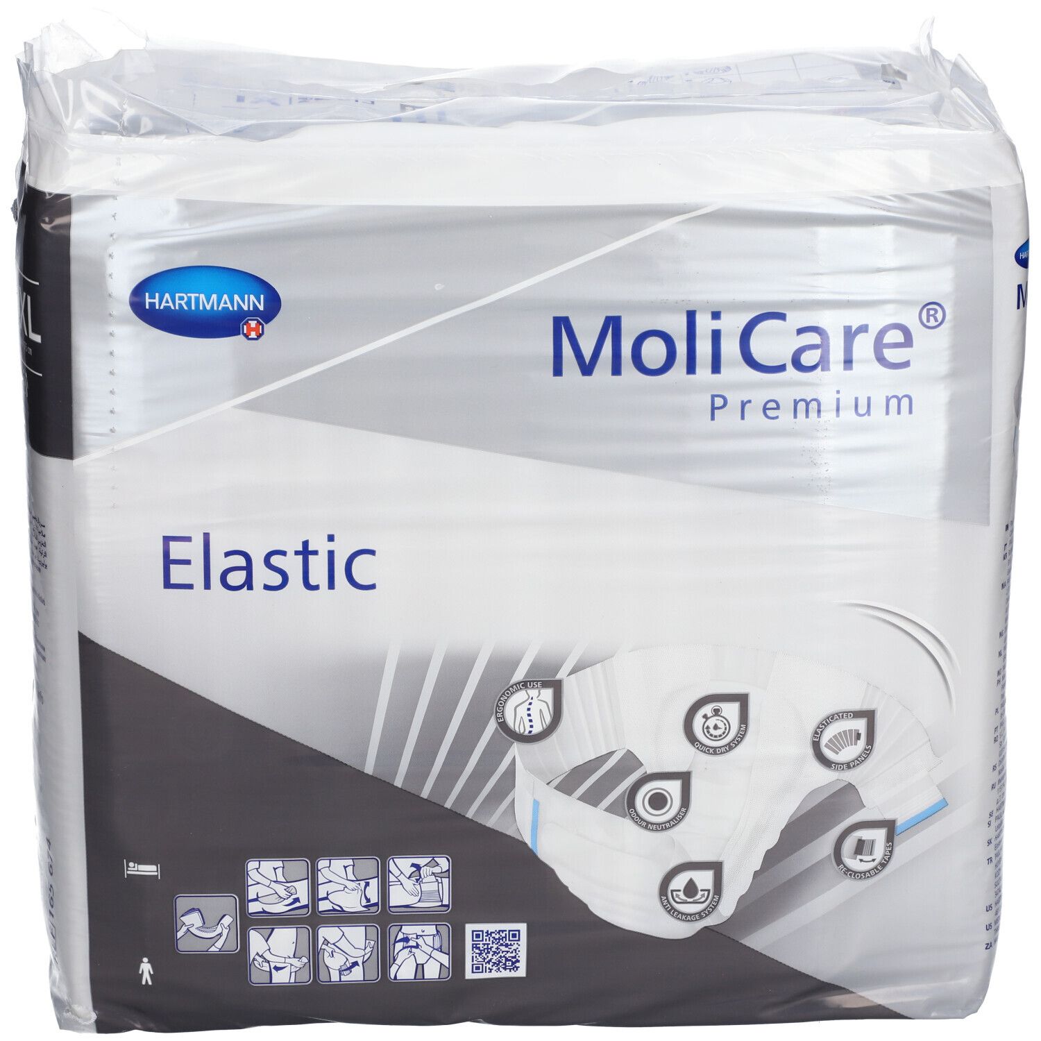 Emballage MoliCare® Premium Elastic XL. Illustration du produit et pictogrammes. Marque et nom du produit visibles.