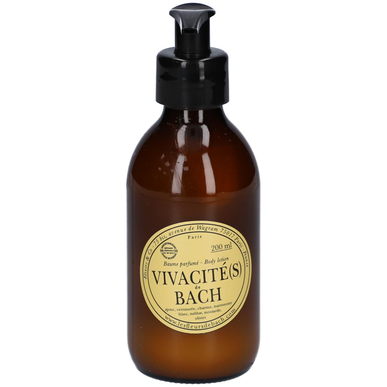 Flacon en verre brun avec pompe noire. Étiquette avec texte. Nom du produit : Vivacité(s) de Bach.