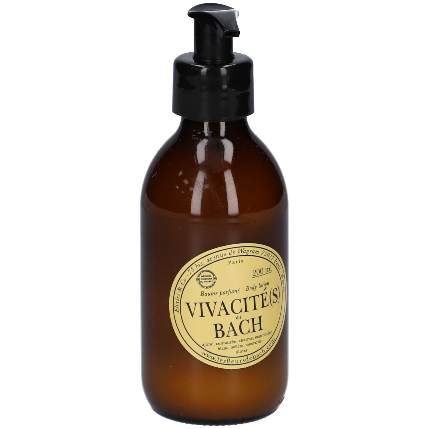 Flacon en verre brun avec pompe noire. Étiquette avec texte. Nom du produit : Vivacité(s) de Bach.