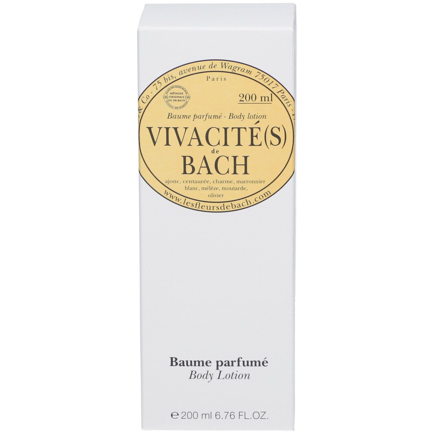 Emballage blanc avec texte. Nom du produit : Vivacité(s) de Bach. Flacon brun non visible.