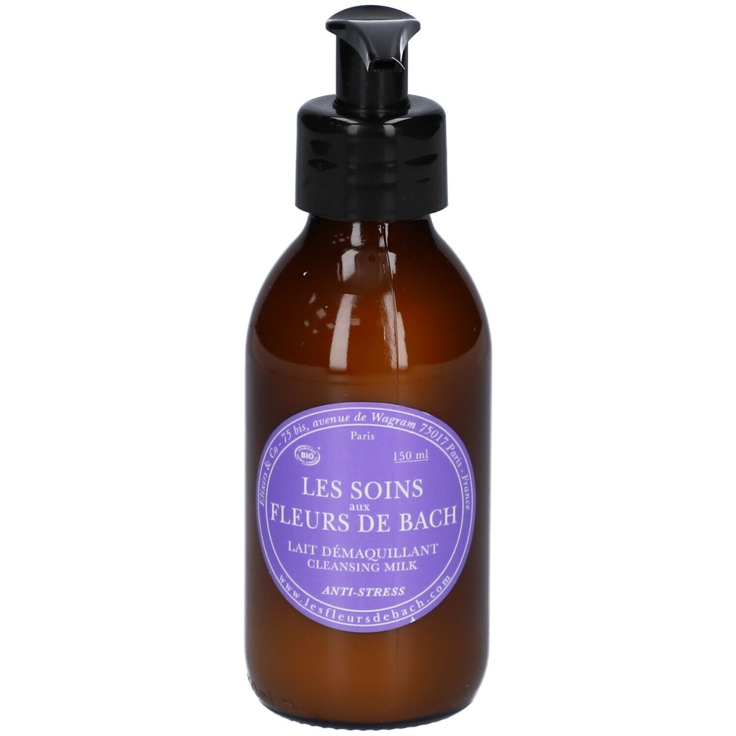 Flacon brun avec pompe noire. Étiquette avec informations produit. Texte: Les Soins aux Fleurs de Bach Lait Démaquillant.