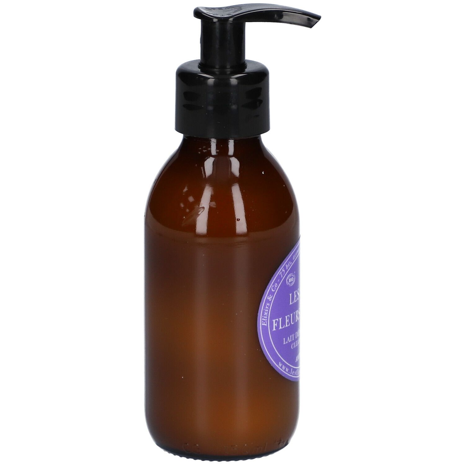 Flacon brun avec pompe noire. Étiquette avec informations produit. Texte: Les Soins aux Fleurs de Bach Lait Démaquillant.