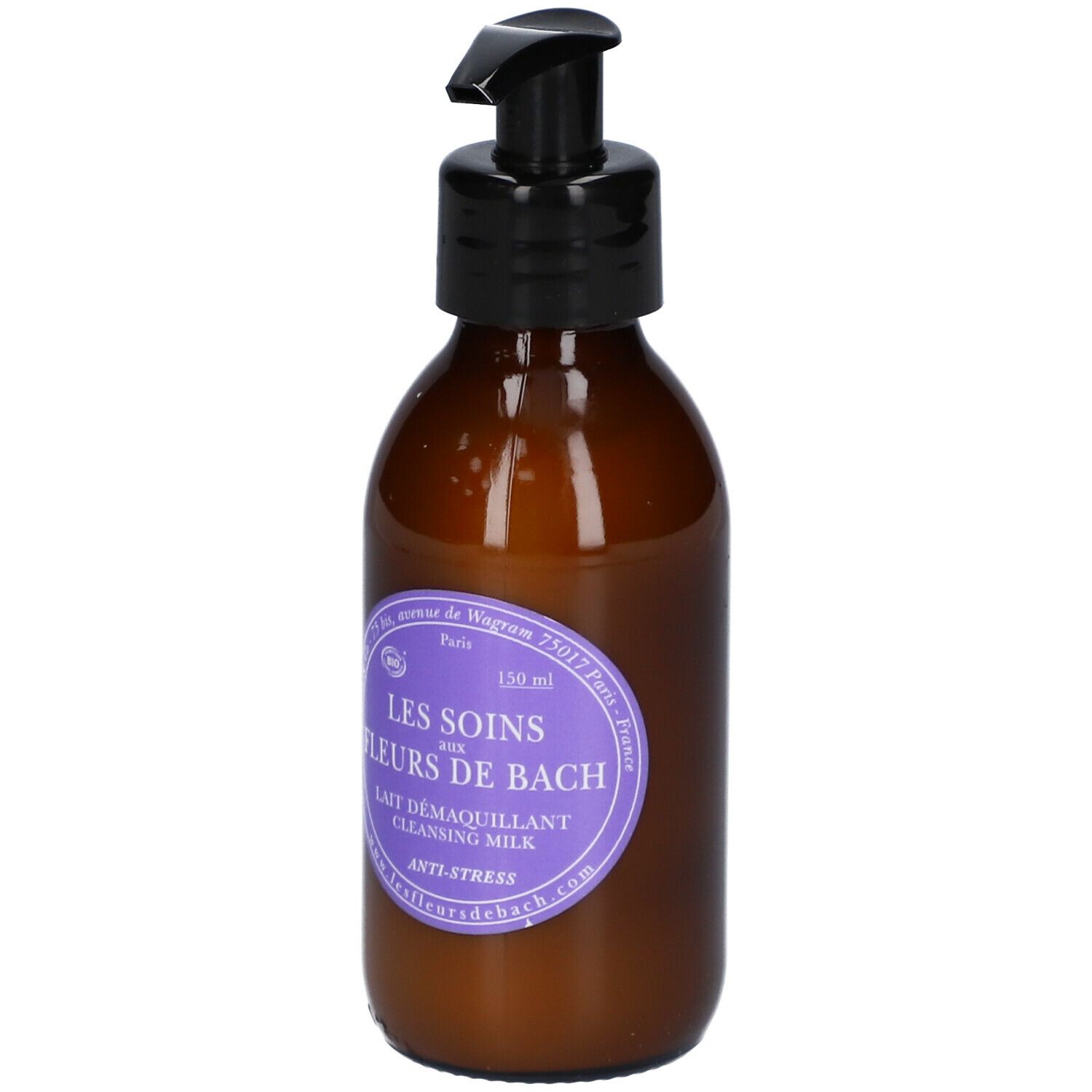 Flacon brun avec pompe noire. Étiquette avec informations produit. Texte: Les Soins aux Fleurs de Bach Lait Démaquillant.