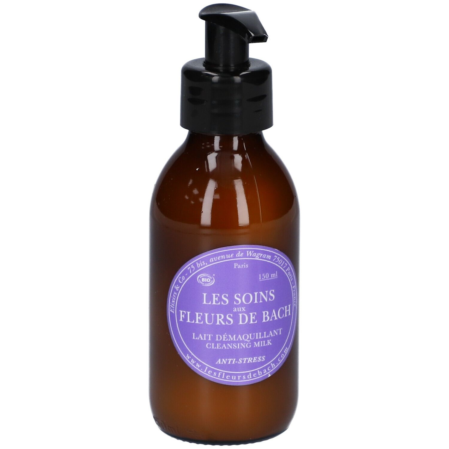 Flacon brun avec pompe noire. Étiquette avec informations produit. Texte: Les Soins aux Fleurs de Bach Lait Démaquillant.