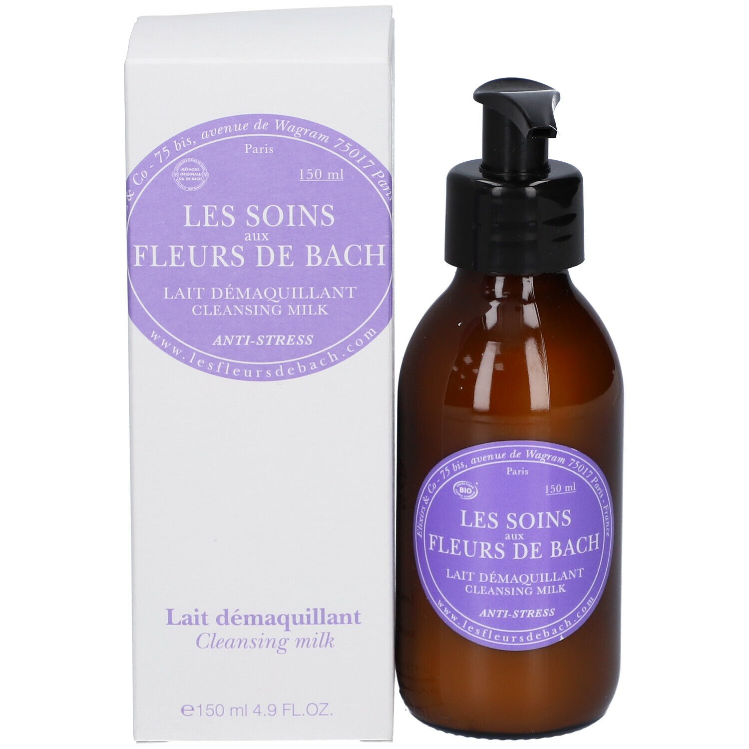 Flacon brun avec pompe noire et emballage blanc. Texte: Les Soins aux Fleurs de Bach Lait Démaquillant.