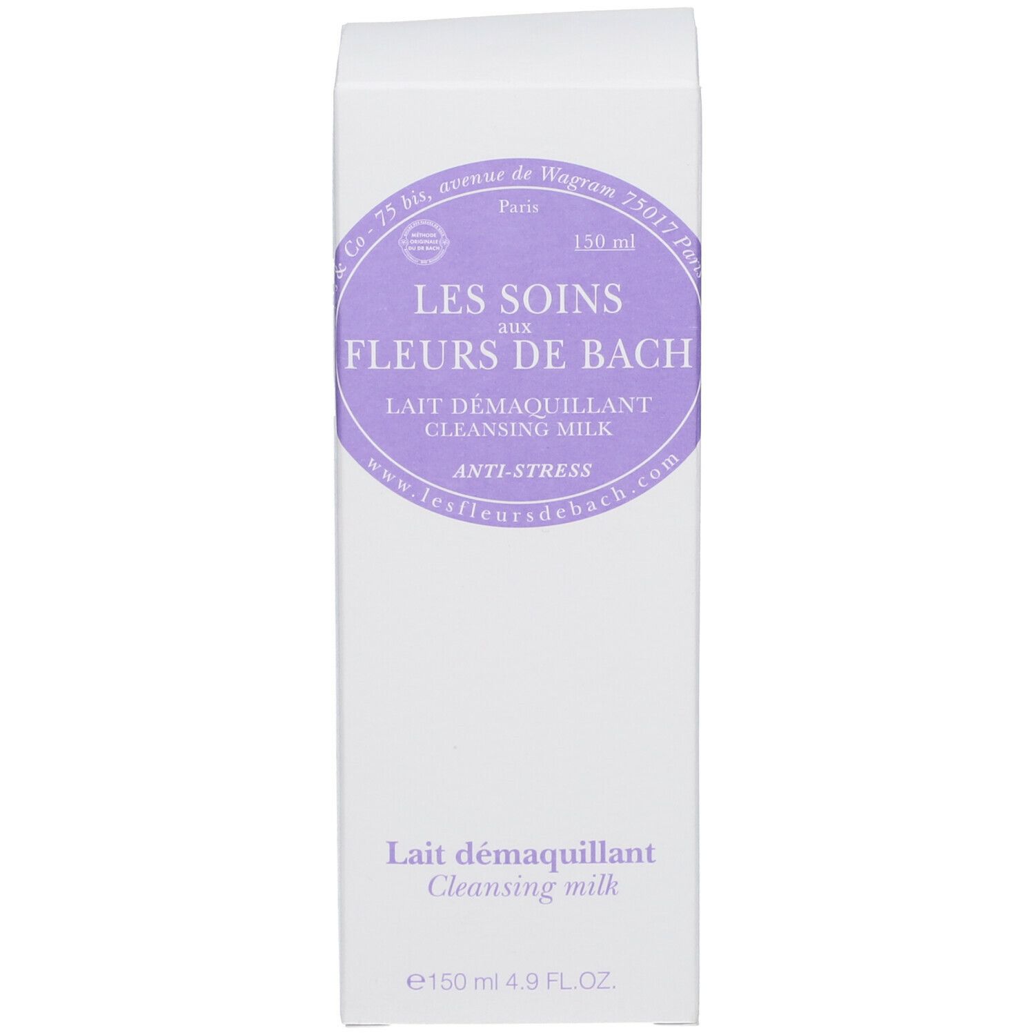 Emballage blanc avec informations produit. Texte: Les Soins aux Fleurs de Bach Lait Démaquillant.