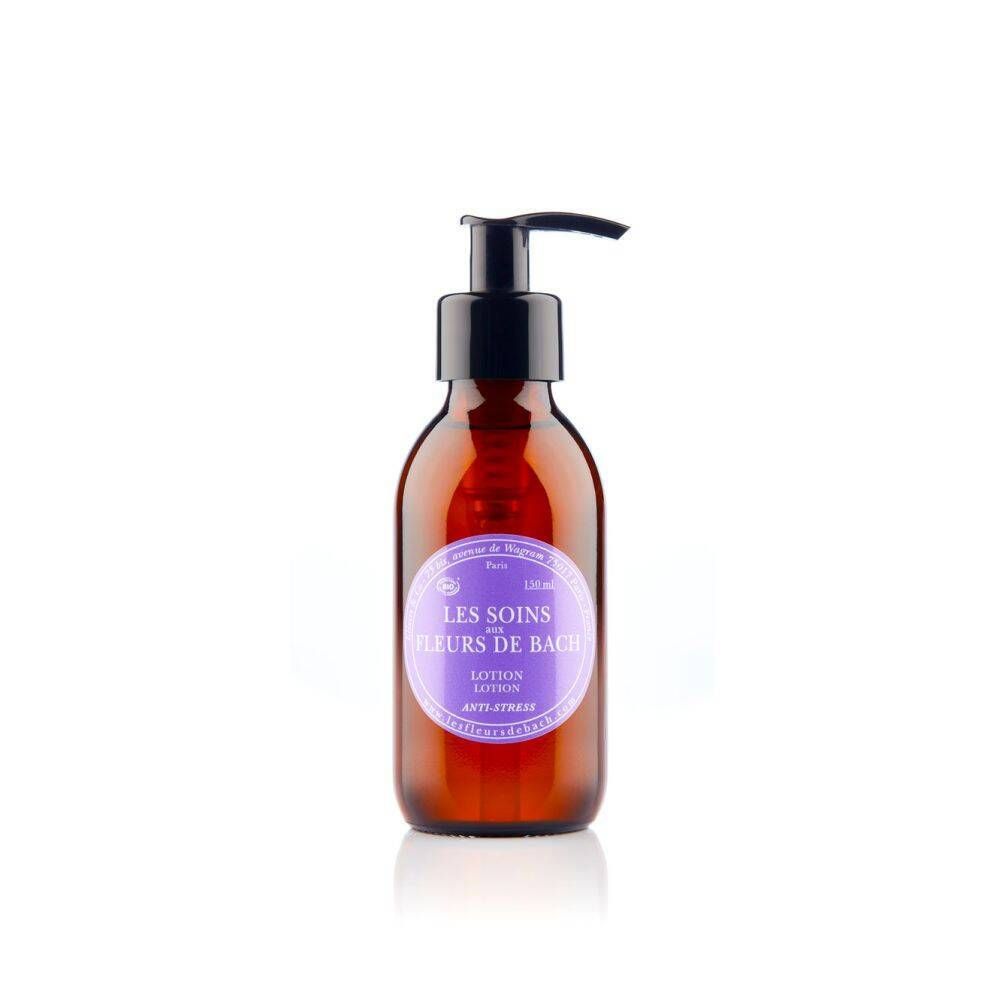 Flacon en verre brun avec pompe noire. Étiquette avec texte: LES SOINS AUX FLEURS DE BACH, Lotion, Anti-Stress.