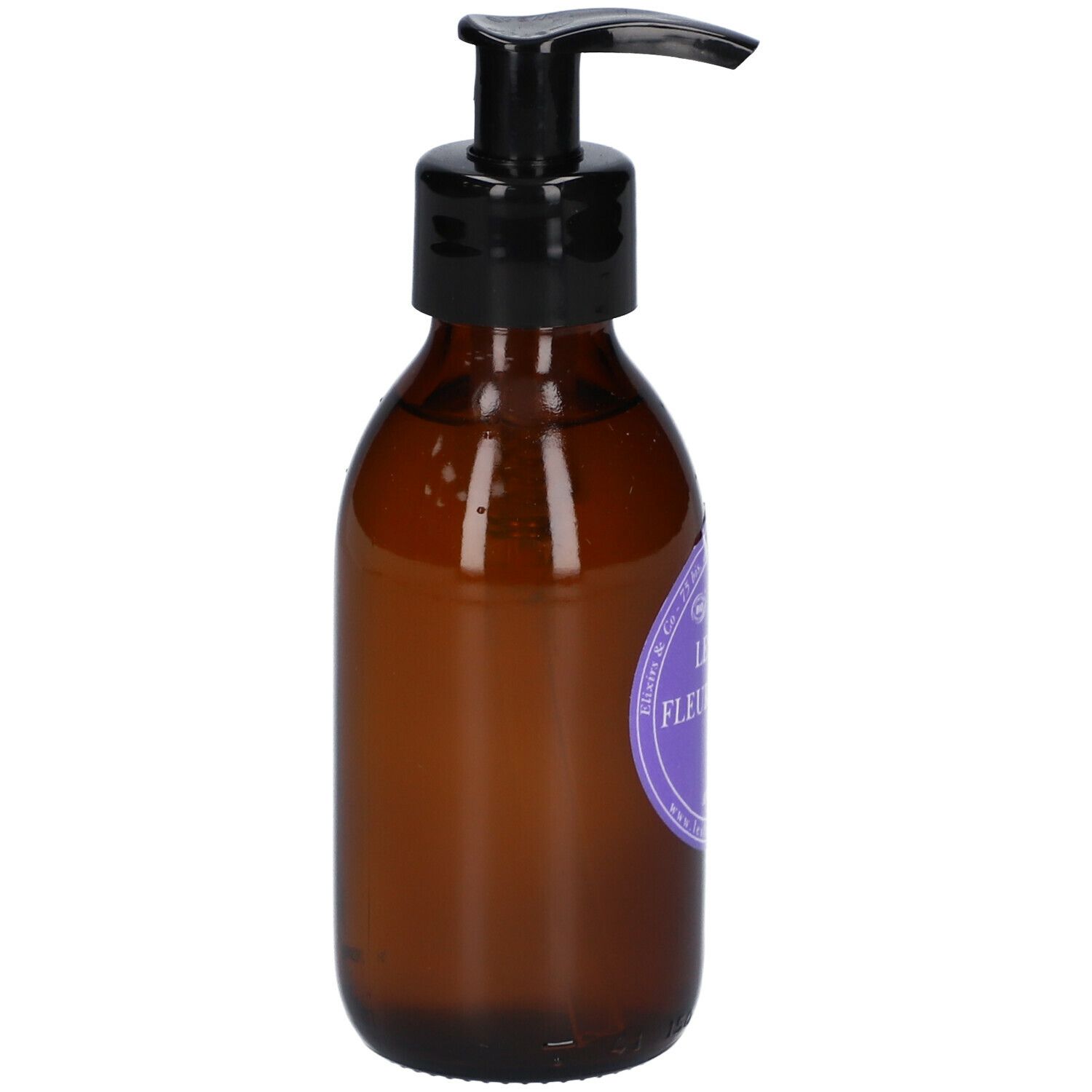 Flacon en verre brun avec pompe noire. Étiquette avec texte: LES SOINS AUX FLEURS DE BACH, Lotion, Anti-Stress.