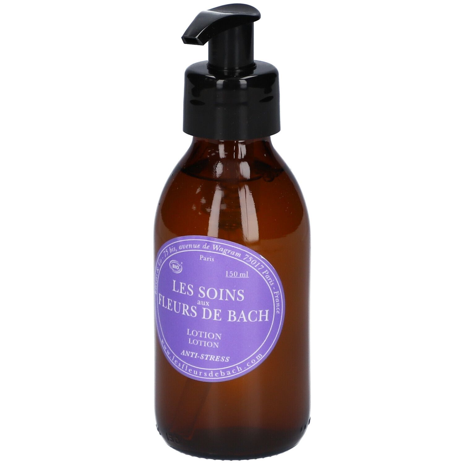 Flacon en verre brun avec pompe noire. Étiquette avec texte: LES SOINS AUX FLEURS DE BACH, Lotion, Anti-Stress.