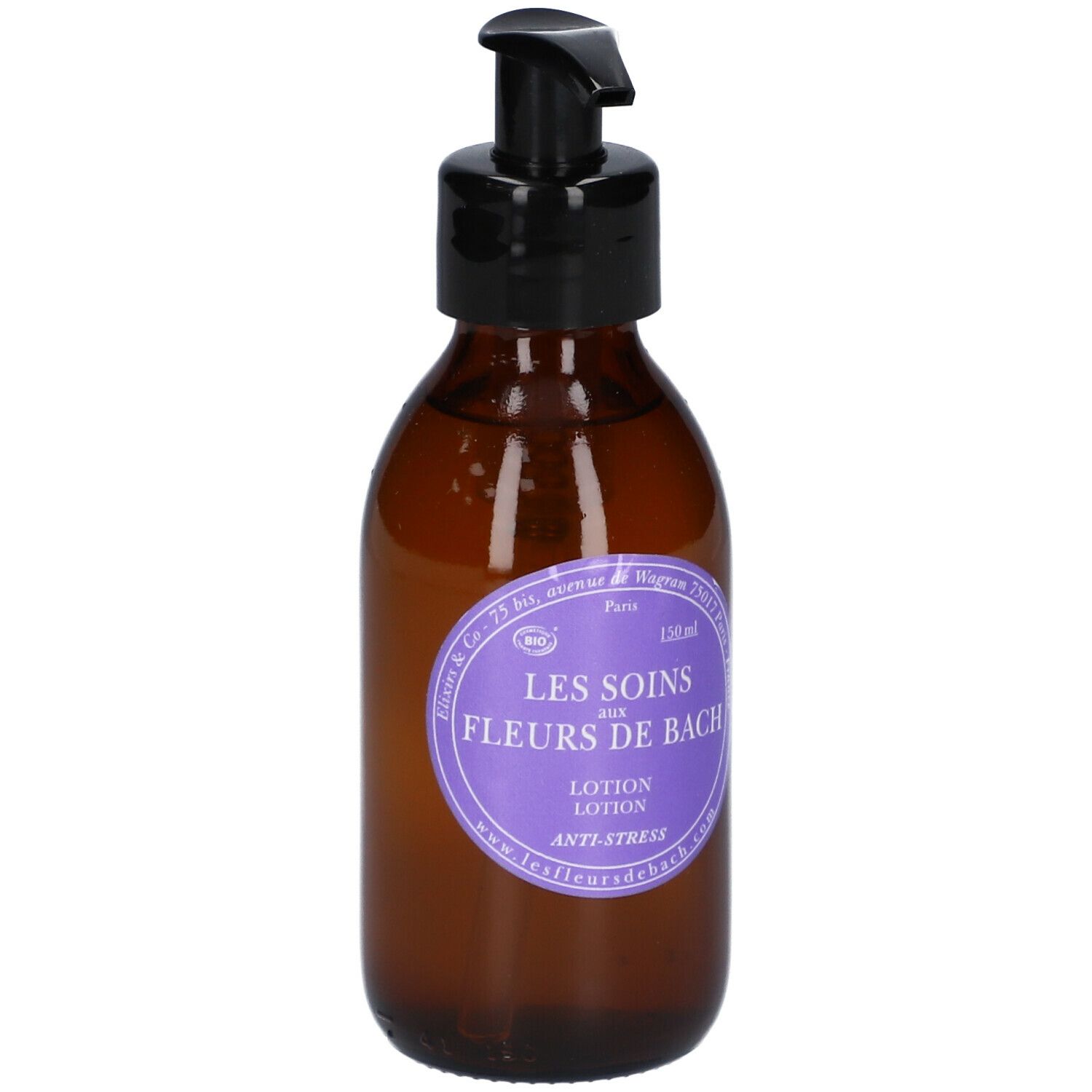 Flacon en verre brun avec pompe noire. Étiquette avec texte: LES SOINS AUX FLEURS DE BACH, Lotion, Anti-Stress.