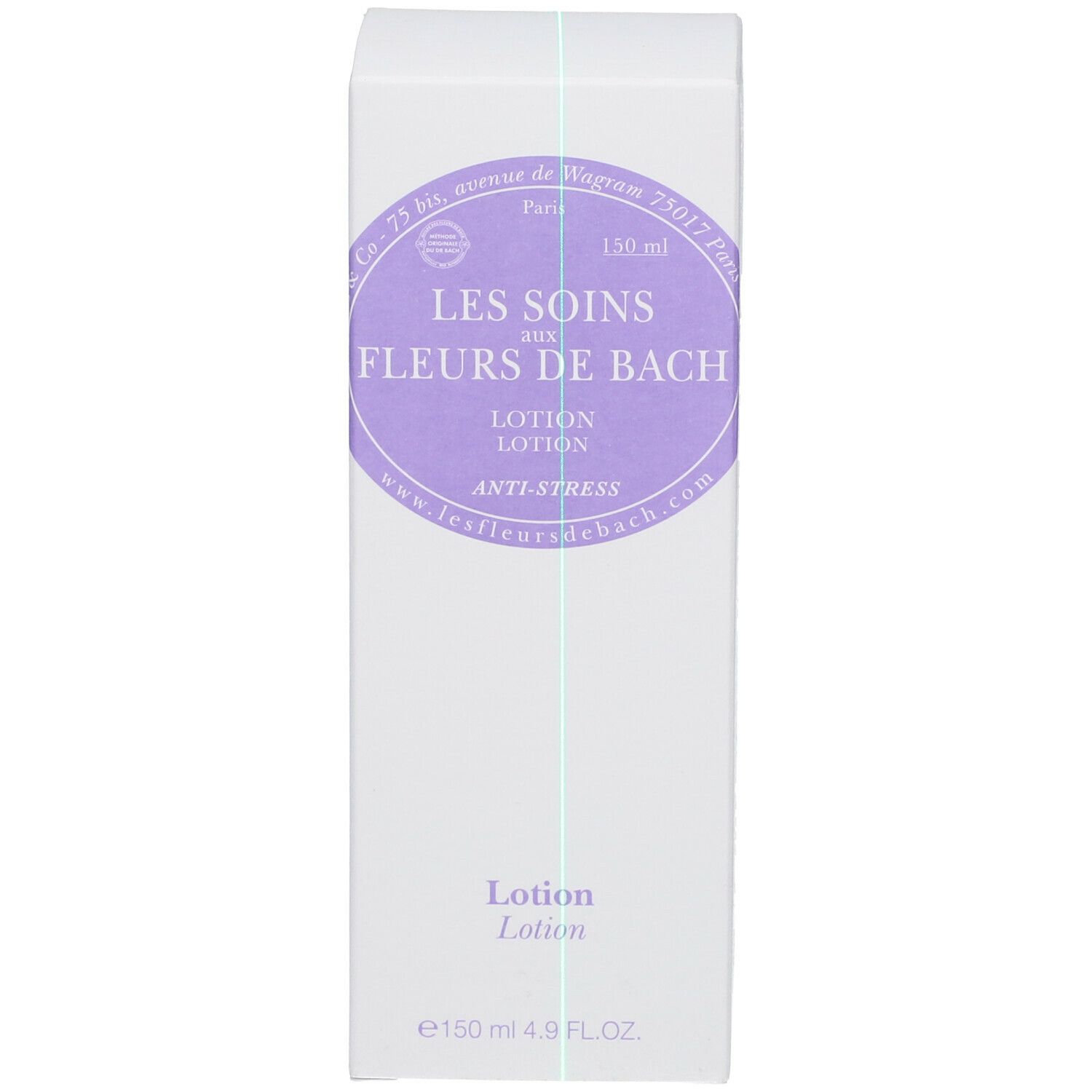 Emballage blanc avec texte: LES SOINS AUX FLEURS DE BACH, Lotion, Anti-Stress. Flacon avec pompe noire.