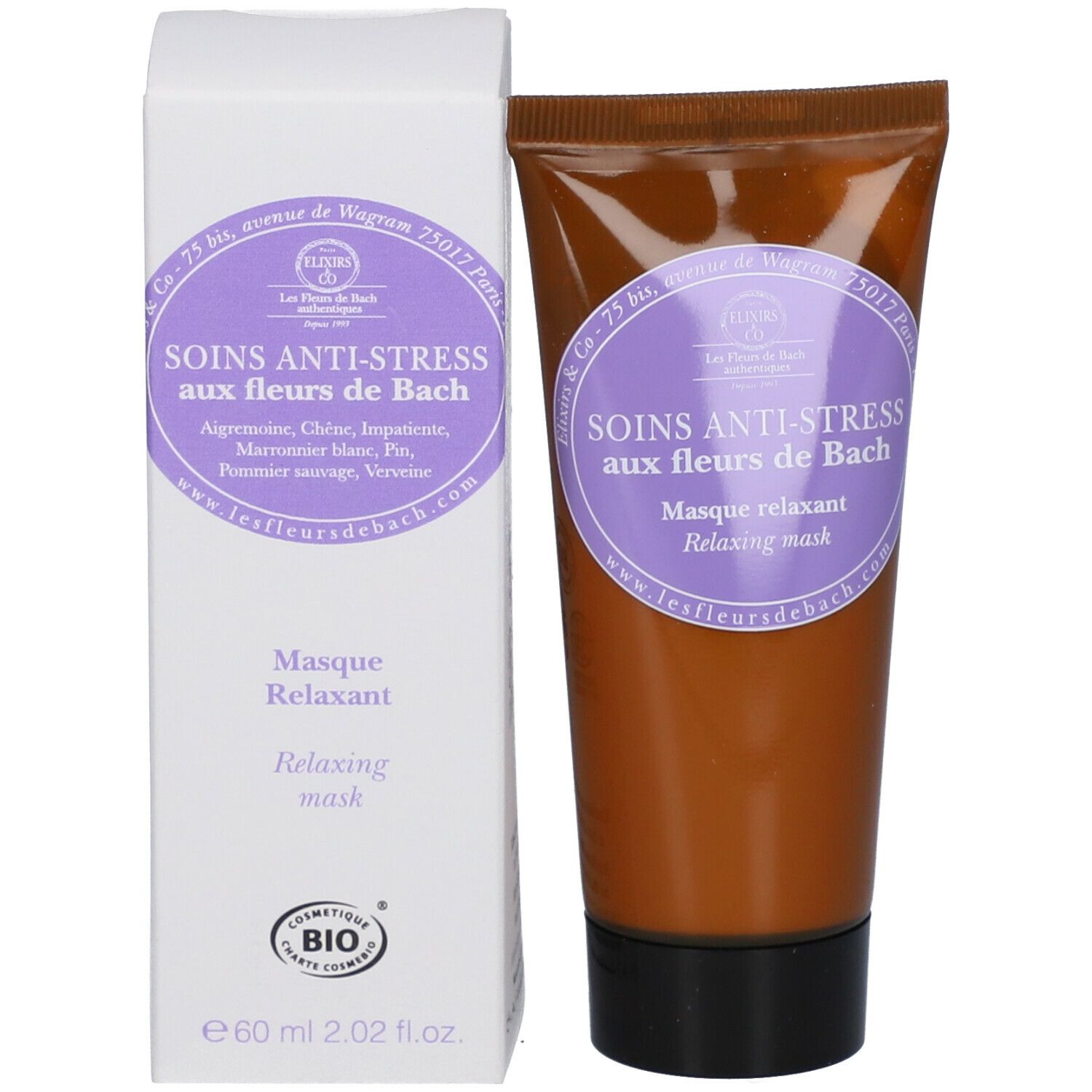 Emballage du produit avec tube. Emballage : blanc avec étiquette violette. Tube : brun avec étiquette violette. Texte : Soins Anti-Stress.