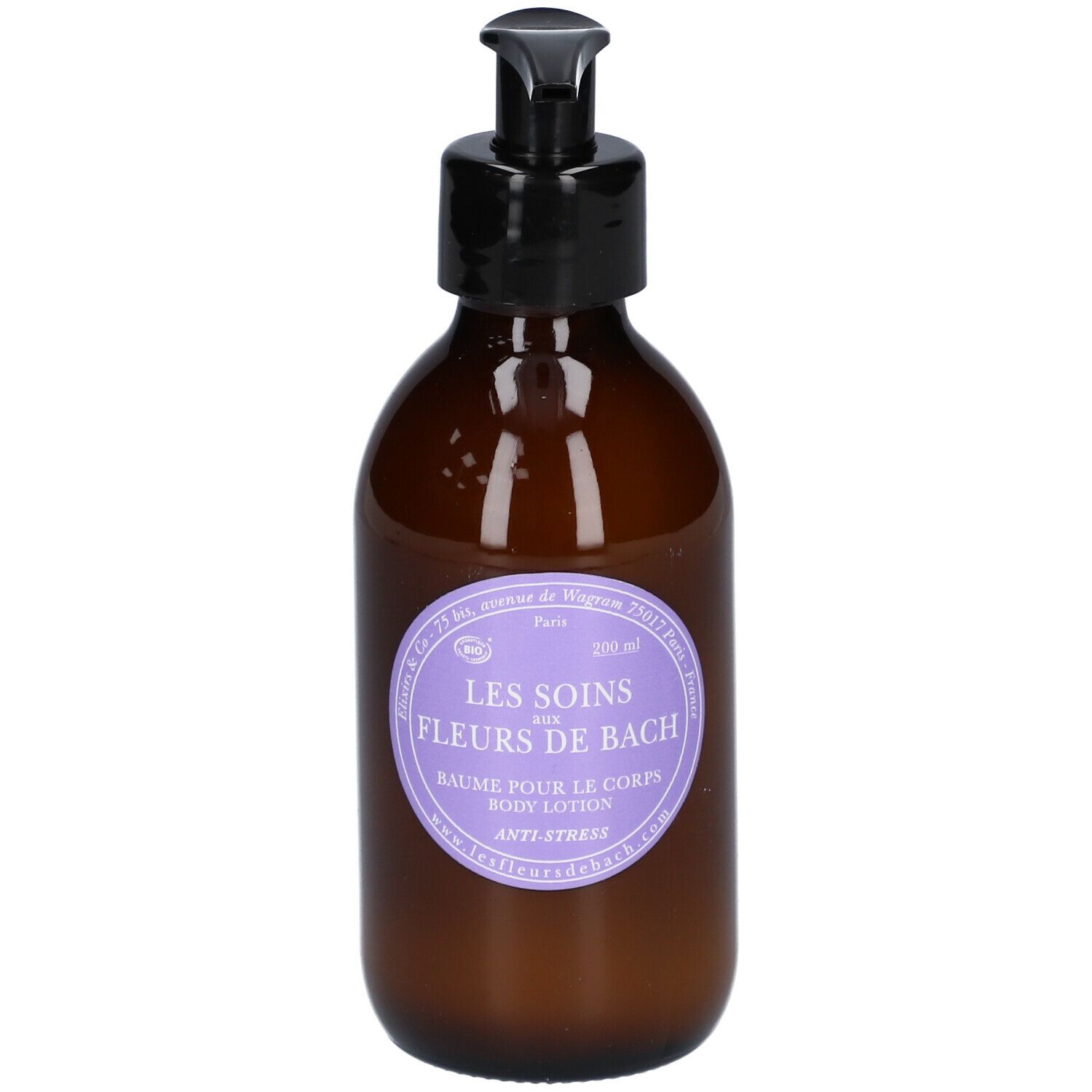 Flacon brun avec pompe noire et étiquette violette. Texte : Les Soins aux Fleurs de Bach, Baume pour le corps, Anti-Stress.
